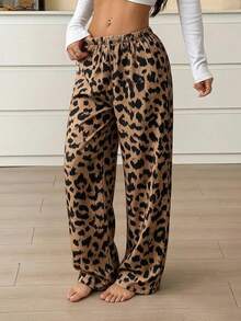 Women's Leopard Print Wide Leg Pajama Pants, Elastic Waist, Loose Drape Home Pants, Casual Wear For Outings, Holiday Gift Choice - Brown - View 5
