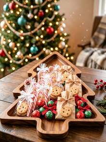 1pc Christmas Tree Shaped Wooden Tray, Christmas Wooden Snack Plate, Decorative Wooden Tray, Suitable For Candy And Nuts, Christmas Party Table Decor, Home Kitchen Food Display Plate, Holiday Kitchen Decor, Cutting Board, Hostess Gift - Multicolor - View 5