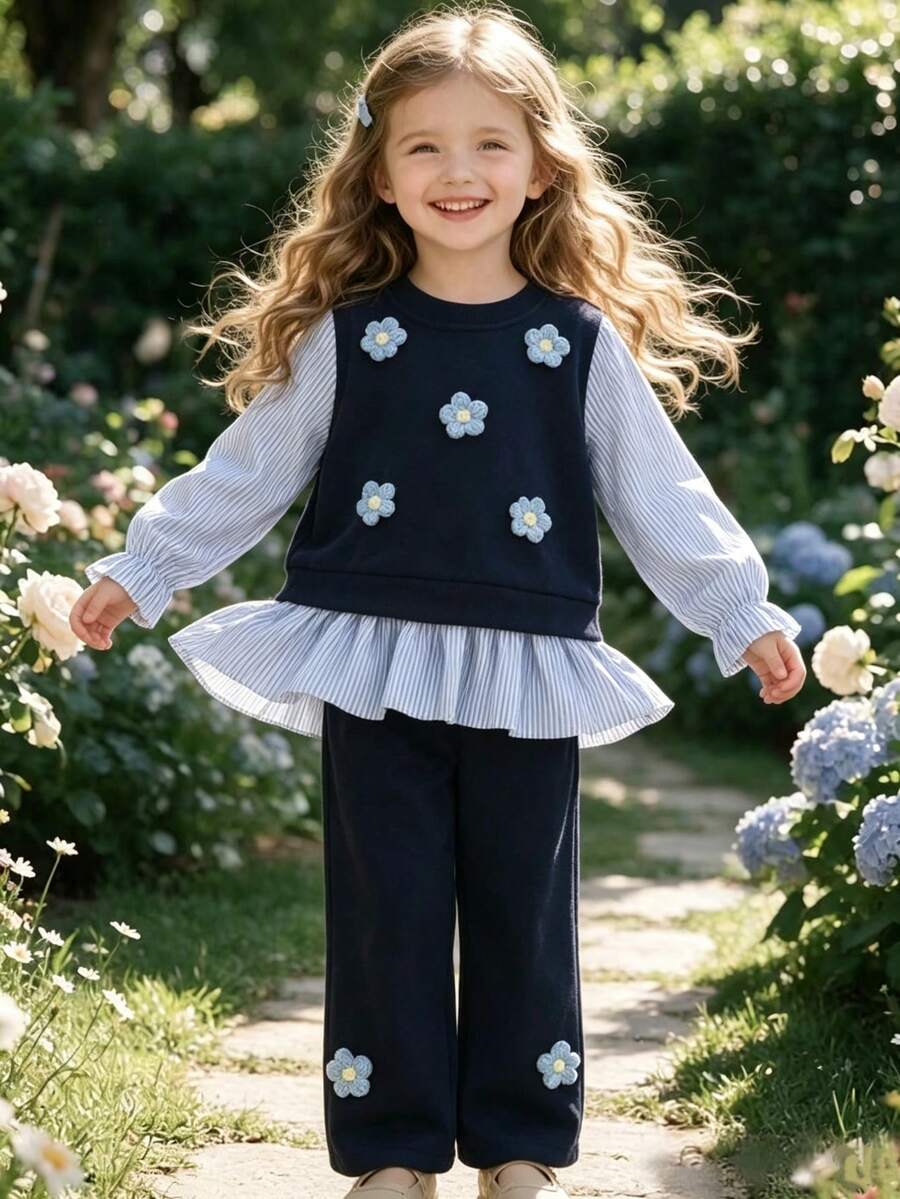 Young Girls Autumn/Winter 3D Floral Blue Striped Patchwork 2 In 1 Top + Knitted Flare Pants Casual Set - Blue - View 1