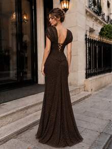 VIPGIRL Elegant Deep Brown Rhinestone Embellished Deep V-Neck Evening Gown With Cap Sleeves, Corset Waist, High Slit Long Skirt, Back Tie, For Wedding Guest, Graduation Prom, Year-End Gala, Banquet Party - Coffee Brown - View 4