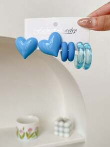 1 Set Of 3 Pairs New Fashion Commuter Elegant Heart-Shaped Stud Earrings, Blue Transparent AB Colorful Hoop Earrings Set - Multicolor - View 5