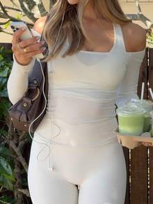 Women's Autumn Casual Fashion Ribbed Off-Shoulder Top - White - View 2