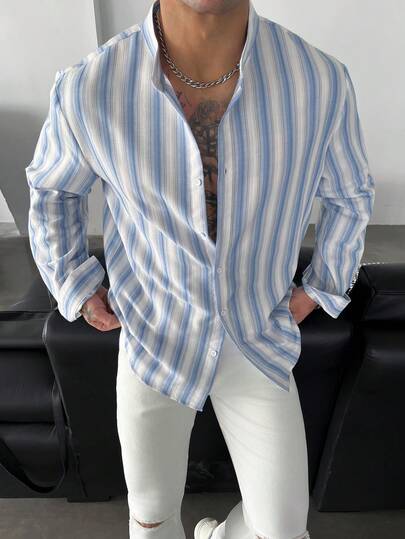 GloMan Old Money Men's Cotton‑Blend Long Sleeve Shirt, Blue‑White Stripe Mandarin Collar Button Up Fall Breathable Vacation,Family Gather,Commute,Dad