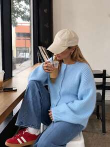Women's Winter Solid Color Loose Knit Cardigan, Round Neck Lantern Sleeve Button-Up Sweater, Elegant Fashion Date & Commute Outerwear - Blue - View 4