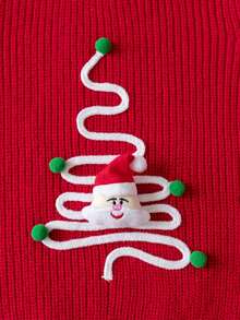 Girls' Cute Christmas Tree & Santa Claus Embroidered Pom Pom Sweater, Round Neck Knit Pullover, Suitable For Christmas, Daily Wear, Vacation, Spring, Autumn, Winter - Red - View 5