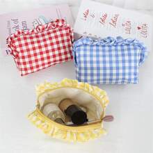 Bolsa de maquillaje estilo coreano con diseño de borde fruncido, patrón de cuadros fresco y gran capacidad de almacenamiento. - Multicolor - Ver 4