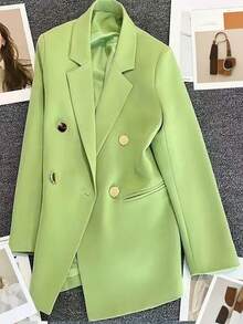 Women's Solid Color Long Sleeve Double-Breasted Blazer With Notched Collar, Spring/Summer | Suitable For Dates, Parties, Outings And Holiday Celebrations - Light Green - View 8