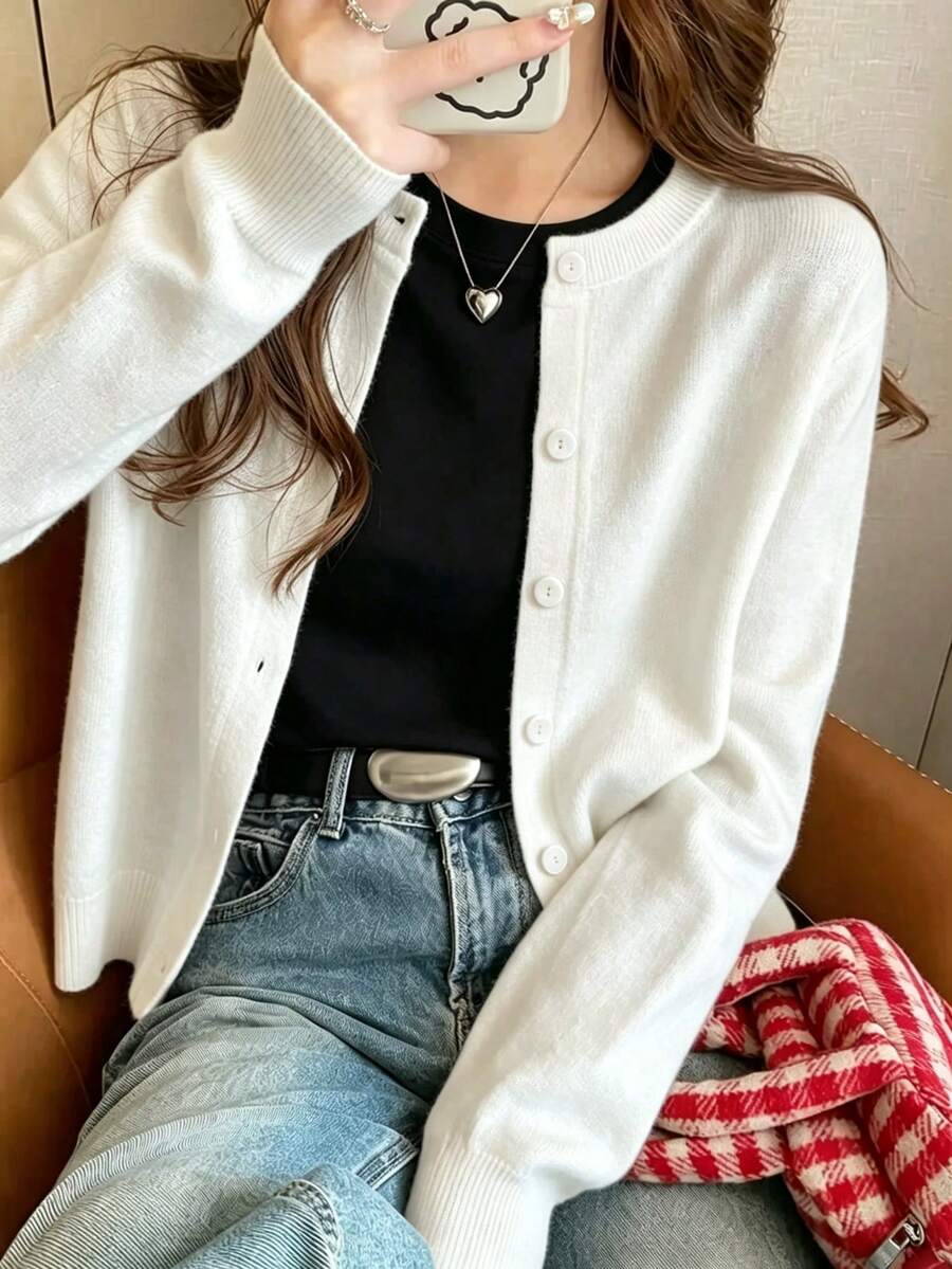女款圓領簡約設計百搭柔軟舒適休閒日常開襟衫 - 白色 - 查看 1