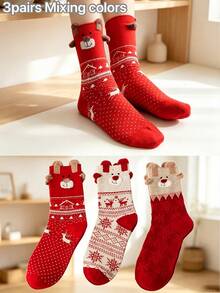3 Pairs Women's Christmas Socks, Cute Cartoon Reindeer Design, Soft And Comfortable, Winter Holiday Socks - Multicolor - View 11