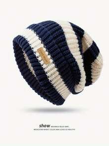 ML&ZA Women's Striped Knit Beanie, Handmade Label Decor Cuffed Winter Hat, Soft Thick Warm Knit Cap, Suitable For Daily Outdoor Cold Weather Wear - Multicolor - View 8