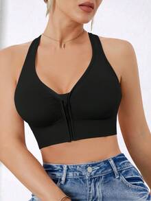 Women's High Intensity Front Zip Seamless Wireless Sports Bra, Suitable For Spring, Summer, Autumn And Winter - Black - View 9