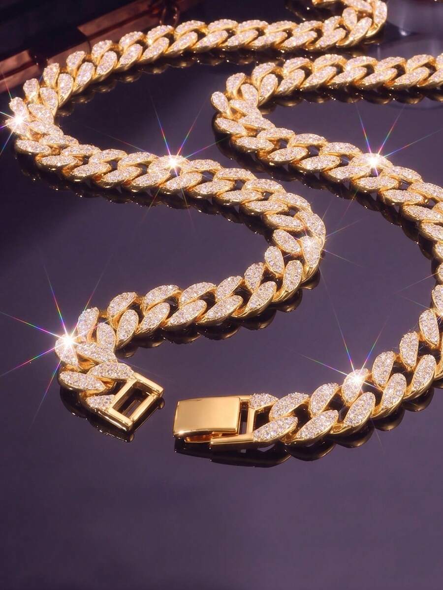1pc 15mm Full Rhinestone Cuban Link Necklace, Men's Necklace, Suitable For Music Performance, Thick Hip-Hop Style, Suitable For Daily Wear, Party And Street Style - A - View 1