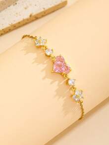 1pc Children Jewelry Gold Tone Pink Heart Cubic Zirconia Flower Charm Bracelet Sparkling Link Chain For Girl Birthday Party School Holiday Gift - Gold - View 2