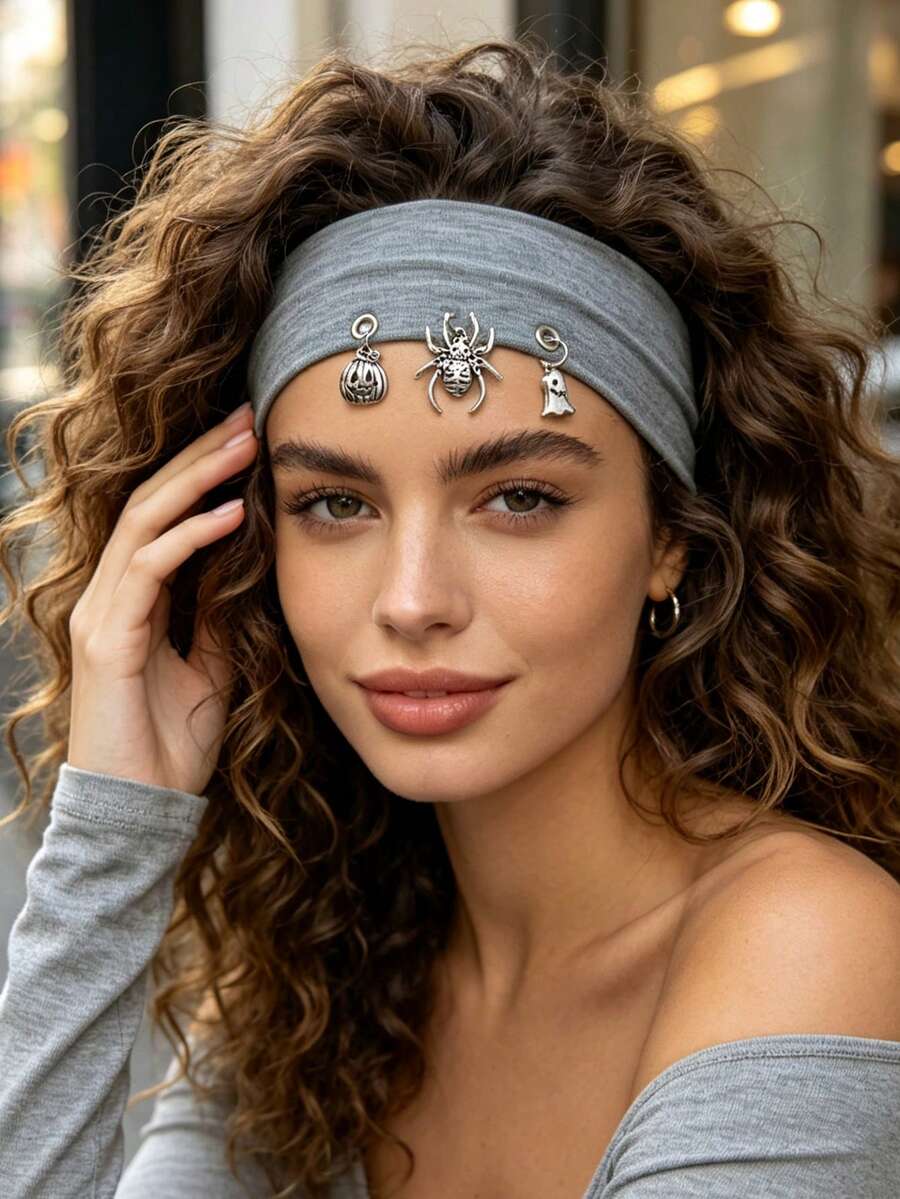 1pc/3pcs Personalized Street Style Halloween Decorative Elastic Sweat-Absorbing Sports Headband With Metal Spider Ghost Pumpkin Pendant Versatile Fashion Hair Band - Multicolor - View 1