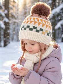 Mũ len trẻ em mùa đông bảo vệ tai, mũ beanie len họa tiết cây jacquard vintage unisex, mũ kéo đầu dày có quả bông pom pom - Nhiều màu - Xem 3