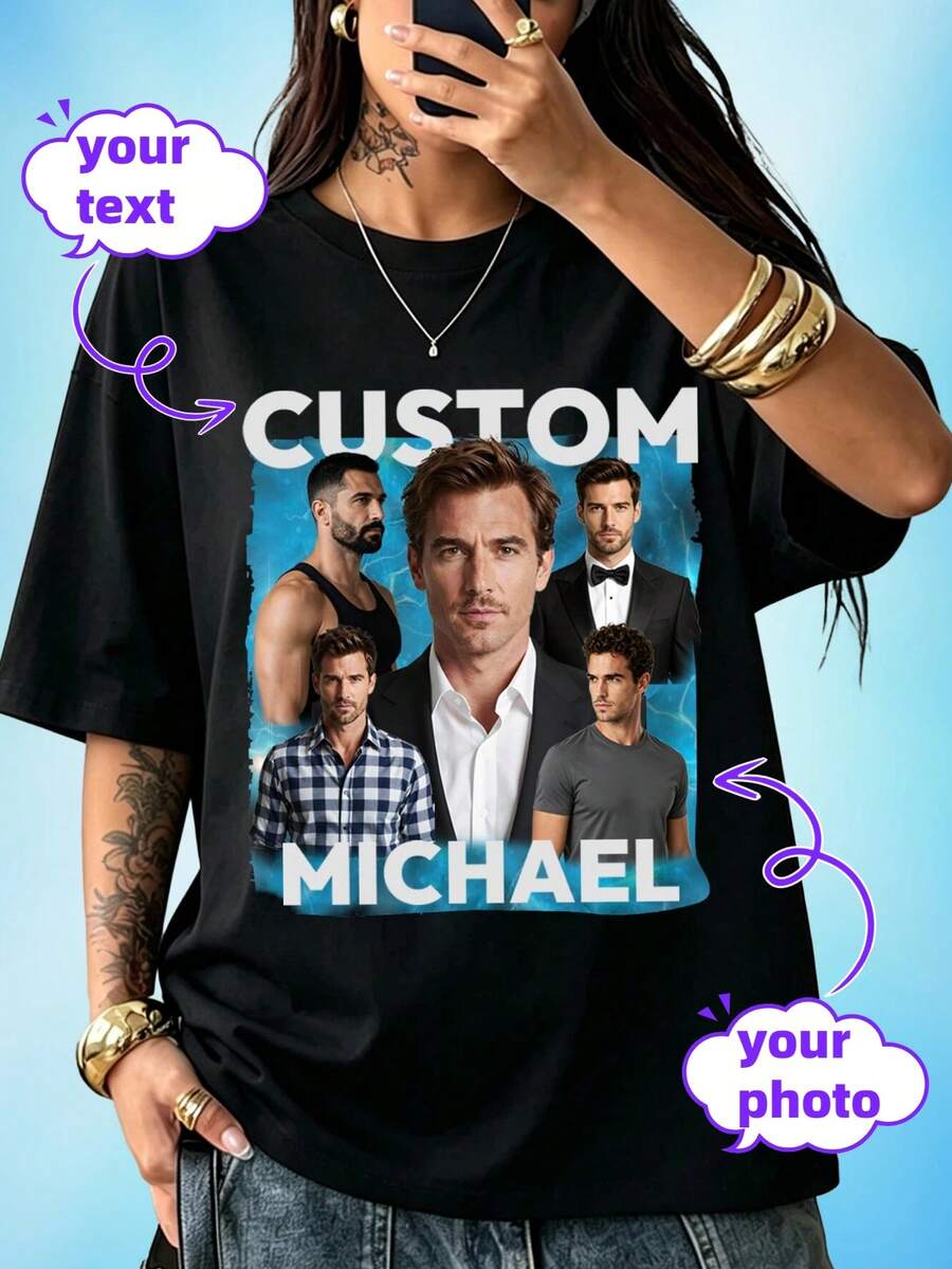 Customized Photo T-Shirt, Personalized Boyfriend T-Shirt, Idol Fan Support T-Shirt, Add Your Favorite Photo And Text To Design Your Own - Black - View 1