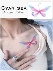 1pc Temporary Tattoo Sticker, Gradient Blurred Colorful Butterfly Dreamy Pattern, Realistic Fake Tattoo Design, For Daily Wear, Bachelorette Party Favors, Music Festival, Game, Graduation Gift, Lasts 3‑5 Days - Multicolor - View 1