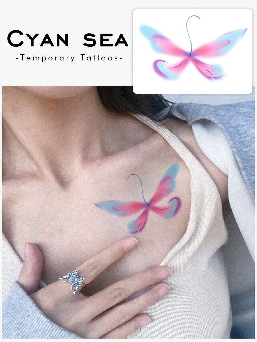 1pc Temporary Tattoo Sticker, Gradient Blurred Colorful Butterfly Dreamy Pattern, Realistic Fake Tattoo Design, For Daily Wear, Bachelorette Party Favors, Music Festival, Game, Graduation Gift, Lasts 3‑5 Days - Multicolor - View 1