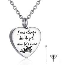 Heart Urn Necklace For Ashes Motorcycle Cremation Jewelry For Ashes -I Was Always His Angel Now He's Mine - Silver - View 1