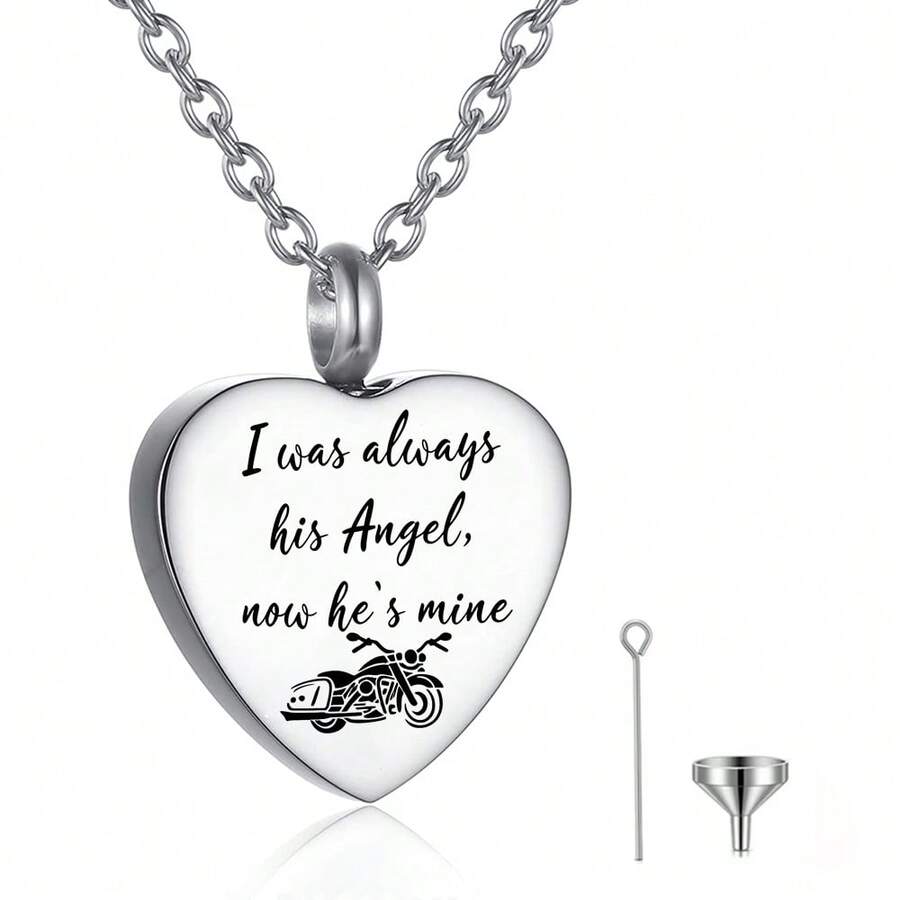 Heart Urn Necklace For Ashes Motorcycle Cremation Jewelry For Ashes -I Was Always His Angel Now He's Mine - Silver - View 1
