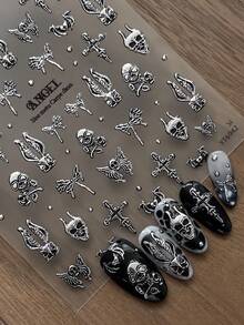 1pc Fall Autumn Embossed Skull Cross Rabbit Ear Halloween Demon Pattern Nail Stickers, Gold & Silver Colors For Autumn/Winter Vibes, Y2K Nail Salon Style Nail Art Accessories, Fingernail DIY Decoration - Multicolor - View 5