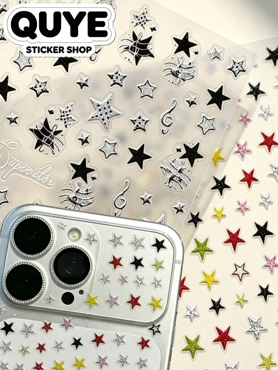 1Set Y2K Glitter Star Stickers, Journaling Supplies, Retro Metallic Graphic Decals, For Decorating Phone Case, Camera, Cup, Electronic Accessories - Y2K Retro Star Stickers - View 1