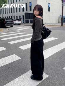 Korean Style Halter Neck Cold Shoulder Printed 2 In 1 Long Sleeve T-Shirt Top - Grey - View 5