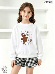Children's Christmas Hoodie: Cute Gingerbread Man With "OH SNOW" Print, Soft And Breathable, Suitable For Daily Wear In Autumn And Winter - White - View 3