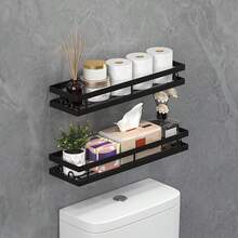 1pc Bathroom Storage Rack Wall-Mounted Matte Black Shower Organizer No Drilling Installation Floating Metal Shelf Suitable For Toilet Above And Sink Multi-Functional Hanging Basket Home Decor And Space Expansion Storage Rack - Multicolor - View 4