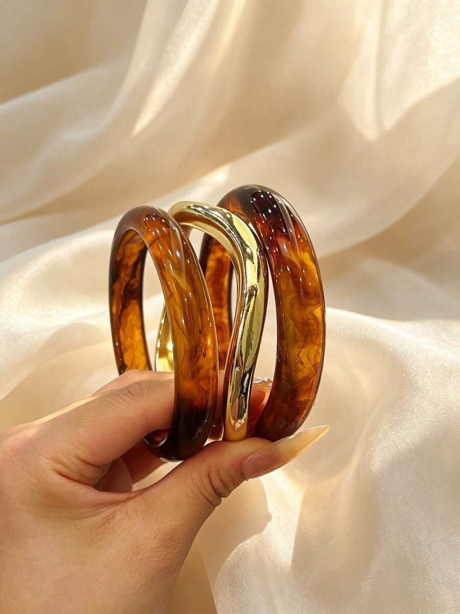 3pcs Set Fashion Vintage Thick Multi-Color Asymmetrical Acrylic Bracelet Set, Suitable For Women, Daily Wear, Gift For Friends And Family - Multicolor - View 1