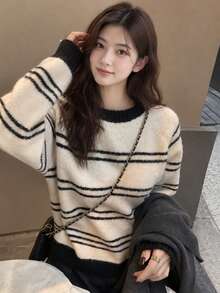 Women's Minimalist Striped Crew Neck Sweater, Autumn/Winter - Beige - View 1