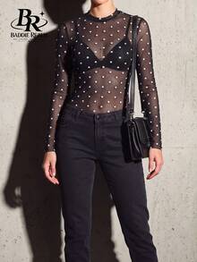 BADDIE REALM Women's Slim Fit Long Sleeve Polka Dot Mesh Top, Elastic Daily Basic Style - Black - View 5