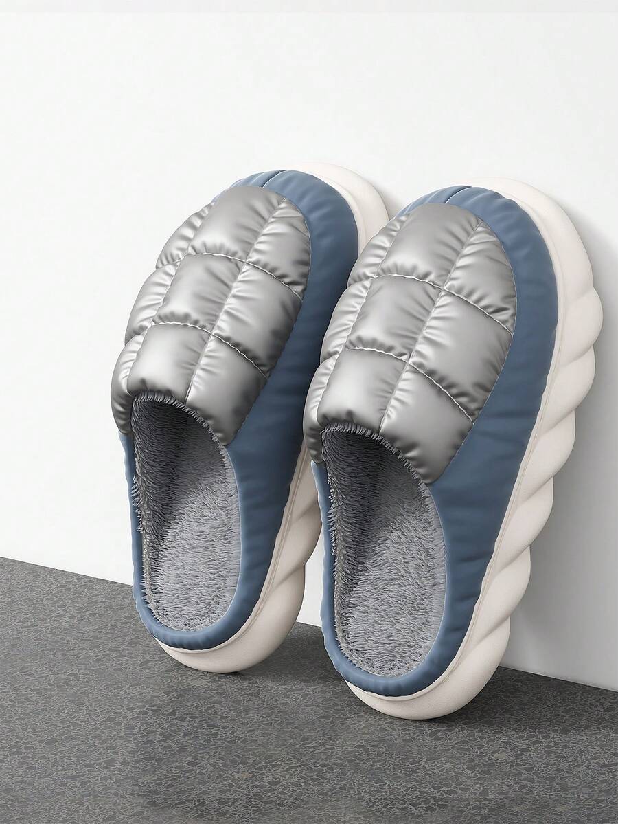 Men's Down Fabric Thick Sole Indoor Slippers, Fleece Lining Warm Winter House Shoes