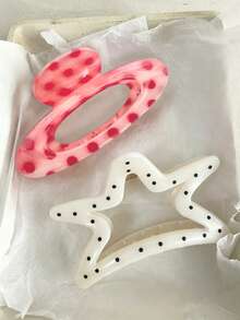2pcs Polka Dot Geometric Hollow Shark Hair Claw Clips, Minimalist Round Dot Back Head Hair Claws Hair Clips Versatile Five-Pointed Star Hair Accessories. Suitable For Girls Daily Wear And All Occasions Matching And Thick Hair Volume Use - Multicolor - View 1