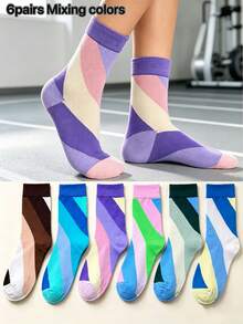 6 Pairs Geometric Color Block Diagonal Stripe Mid-Calf Socks, Unisex All-Season Sports Versatile Socks - Multicolor - View 7