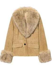 Women's Winter Fashion Colorblock Long Sleeve Coat, Faux Fur Collar Versatile Jacket, Suitable For Autumn - Camel - View 4