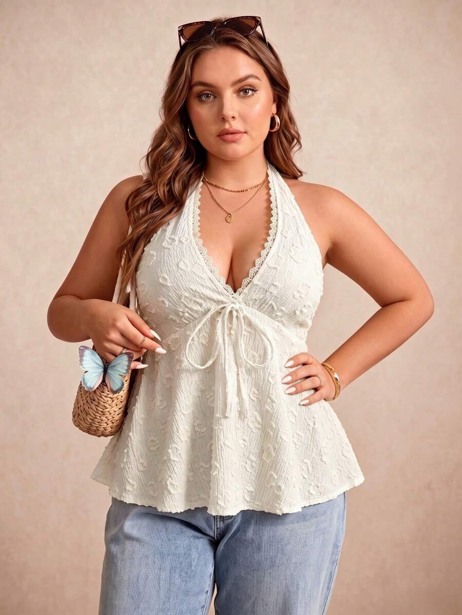 Rusttydustty Plus Size Women Solid Color Casual Versatile Daily Wear Halter Neck Top White - White - View 1