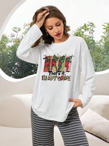 Women's Christmas Theme Cartoon Pattern Long Sleeve T-Shirt, Printed With "Just Like This, I'm Not Going" Text, Autumn/Winter Daily Home Base Layer, Suitable For Home Leisure And Outdoor Wear, Christmas Holiday Essential. - White - View 3