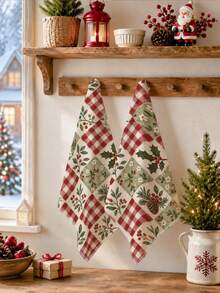 2pcs Christmas Vintage Plaid Holly & Pinecone Pattern Kitchen Towels, Soft Polyester Dish Cloths, Suitable For Kitchen Decor, Kitchen Cleaning, Holiday Party Decoration, Kitchen & Bathroom Supplies Home Essentials, Home Decor, Housewarming Gift - Multicolor - View 5