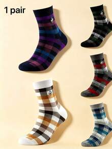 British Plaid Contrast Color Mid-Calf Socks, Pure Cotton, Horse Logo Embroidery, Business Casual Daily Wear Men's Socks - Multicolor - View 4