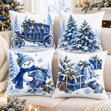 4pcs Blue Christmas Pillow Covers, Winter Wonderland Snowman Tree Gift And Royal Decor Cushion Covers, Elegant Blue White Gold Holiday Home Decor, Without Inserts - Blue and White - View 4