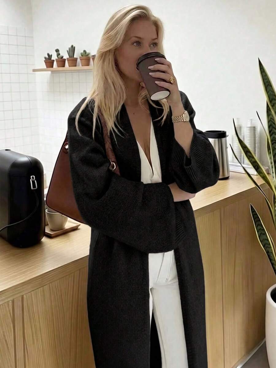 Elegant Beige Ribbed Knit Long Cardigan, Large Lapel, Front Opening, Long Sleeve, Loose Fit, Suitable For Women's Autumn/Winter Outfits - Black - View 1