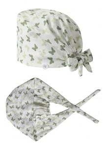 1pc Women's Foam Embroidered Butterfly Print Tie-Up Work Cap, Side Button Design Adjustable Head Wrap Hat, Breathable Dust-Proof Salon Kitchen Protective Cap - Foam Small Butterfly - View 4