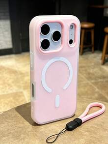 霧面淡粉色極簡磁吸手機殼，附粉色掛繩配件，適用 18/18 Pro/18 Pro Max/17/17 Air/17 Pro/17 Pro Max/16/16E/16 Pro/16 Pro Max/16 Plus/15/14/13/12/11 Pro Max，支援無線充電，軟矽膠背蓋 - 粉紅色2 - 查看 6