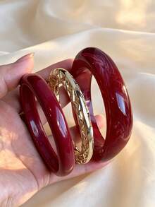 3pcs Fashion Vintage Thick Multicolor Asymmetrical Acrylic & Gold-Tone Open Alloy Bangle Bracelet Set, Suitable For Women, Daily Wear, Gift For Friends And Family - Multicolor - View 1