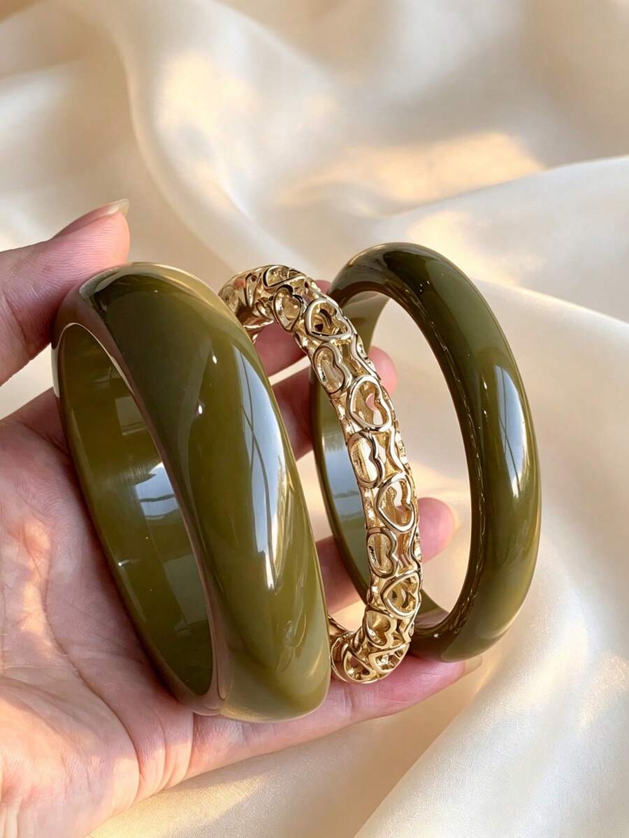 Set 3 buah Gelang Akrilik Asimetris Tebal Berwarna-warni dengan Hiasan Emas Bergaya Vintage, Cocok untuk Wanita, Pemakaian Sehari-hari, Hadiah untuk Teman dan Keluarga - MultiWarna - View 1
