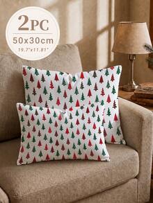 Christmas Minimalist Red & Green Christmas Tree Pattern Waffle Fabric Cushion Cover, Single Side Printed Soft Waffle Polyester Material, Waffle Pillowcase Suitable For Room Decoration, Modern Minimalist Sofa Living Room Decor, Gift Giving, Party Decoration - Multicolor - View 13