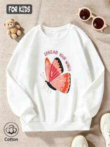 Girls' White Crew Neck Sweatshirt With A Playful Hand Painted Pink Butterfly Print - White - View 3