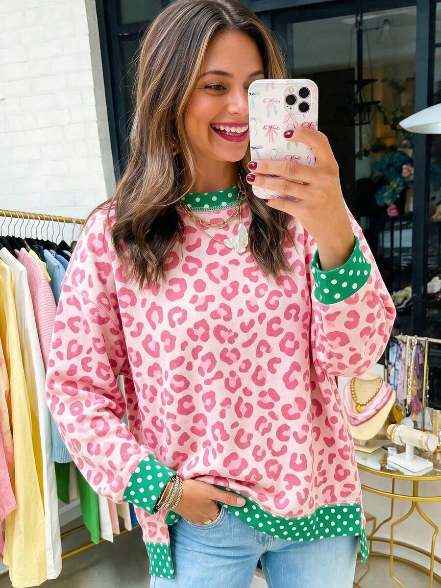 Acelitt Crew Neck Pink Leopard Print Polka Dot Contrast Trim Drop Shoulder Loose Fit Sweatshirt - Pink - View 1