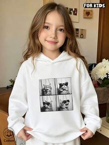 Cute Cat Print Kids Hoodie, Loose Fit Long Sleeve Pullover, Comfortable & Breathable For Spring Autumn Daily Wear - White - View 3